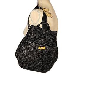 Sling Bag Fabric Faux Straw Black Goldtone Hardware Cinch Snap Closure NWT